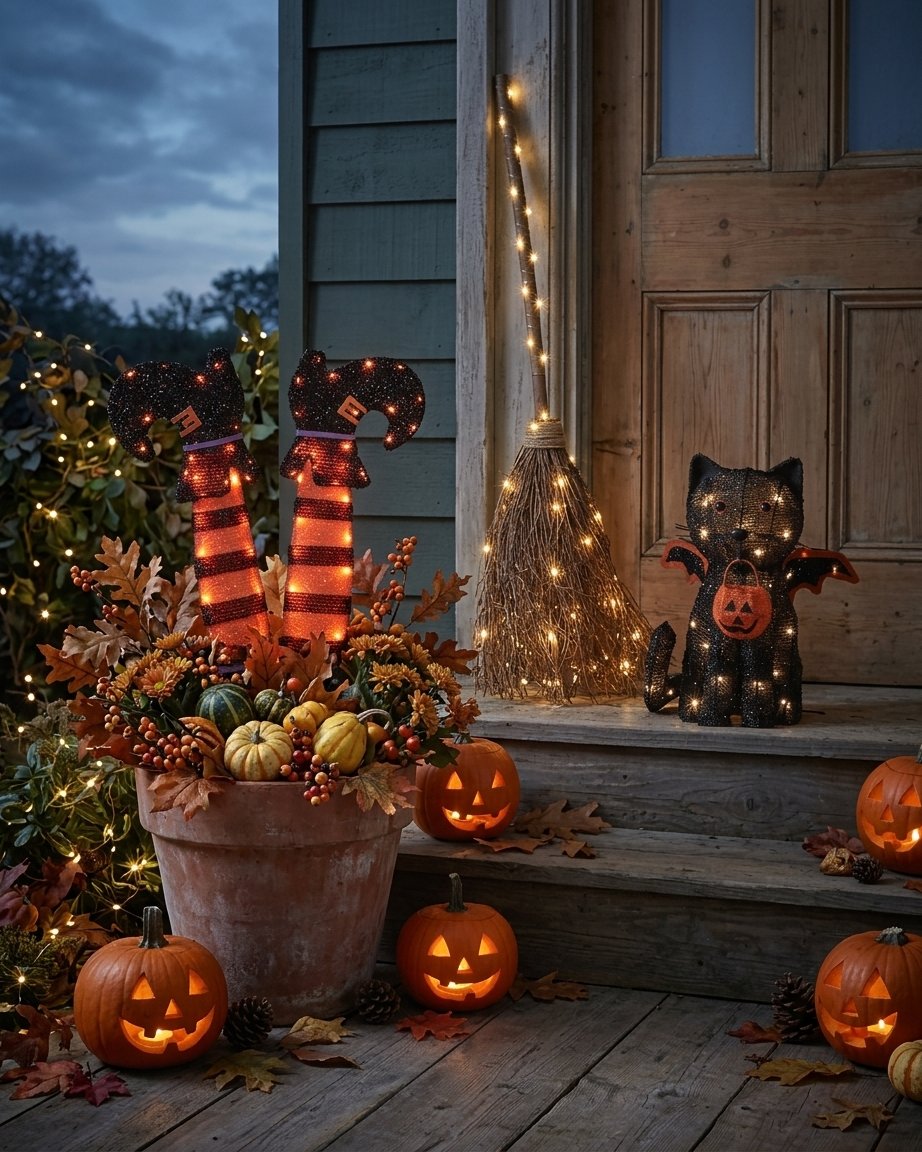 Light-Up Black Cat, Witch's Broom & Witch's Legs Outdoor Halloween Decoration Bundle