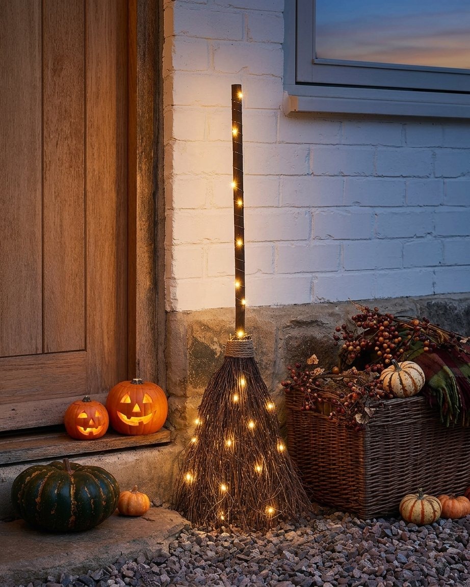 Light-Up Witch's Broom Halloween Decoration with Warm White Micro Lights