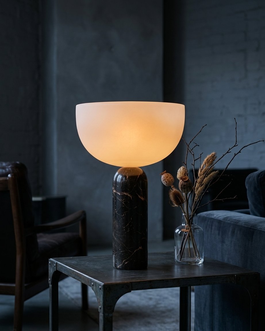 Marble base mushroom table lamp with frosted glass shade