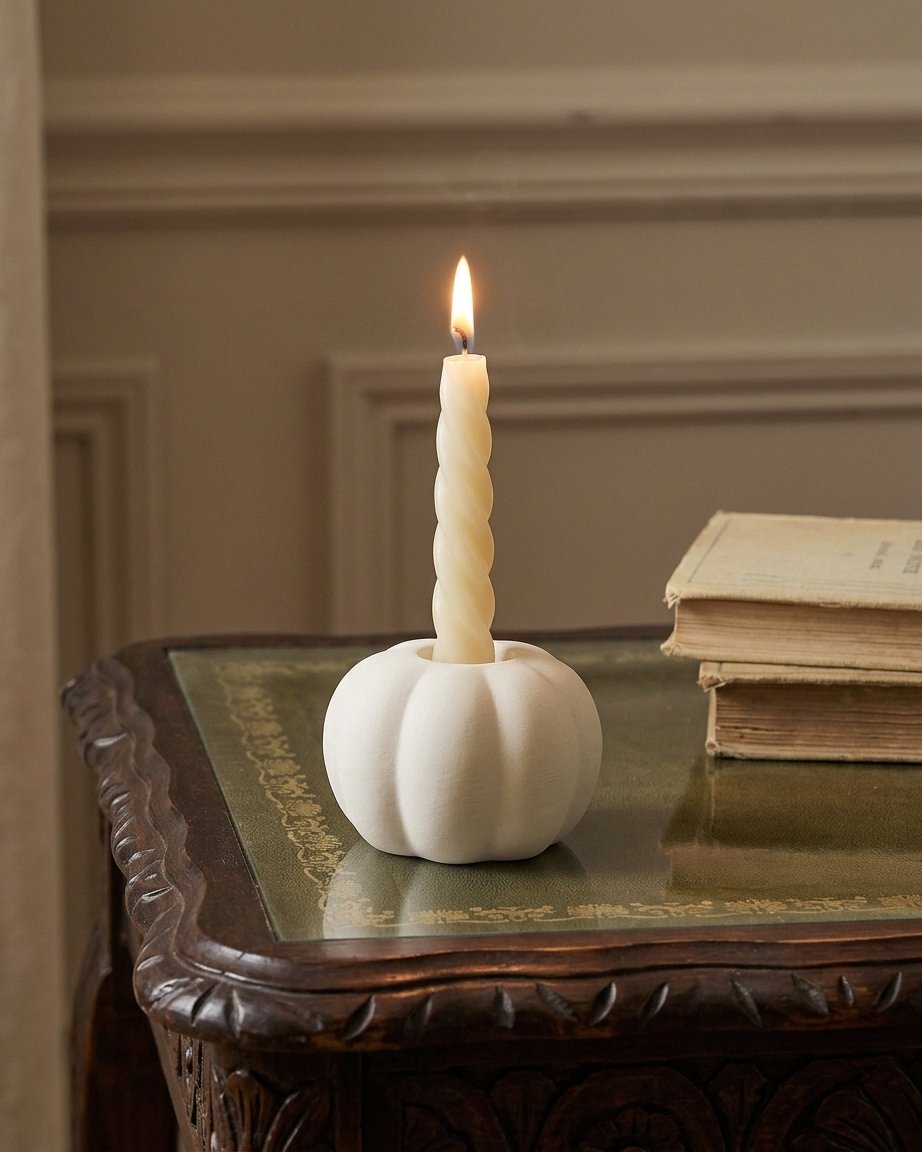 Matte White Ceramic Pumpkin Taper Candle Holders – Set of 2