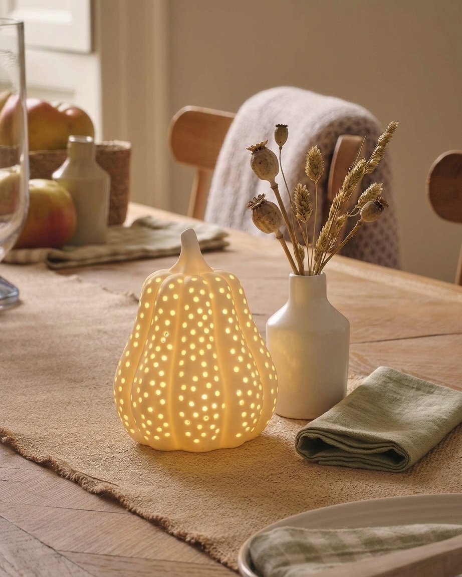 Matte White Porcelain LED Pumpkin and Squash Decoration Set