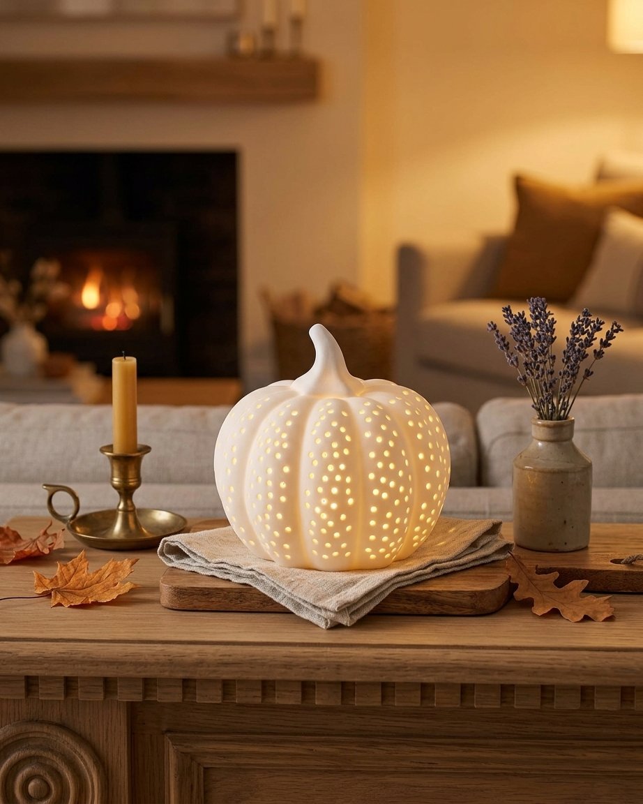 Matte White Porcelain LED Pumpkin Light Decoration