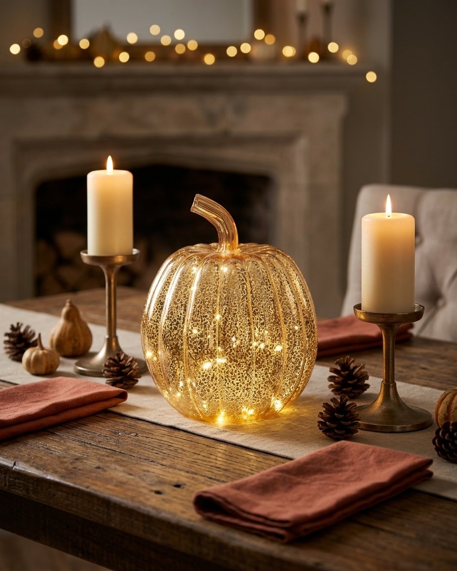 Mercury Gold Light-Up Glass Pumpkin Decoration with LED Timer
