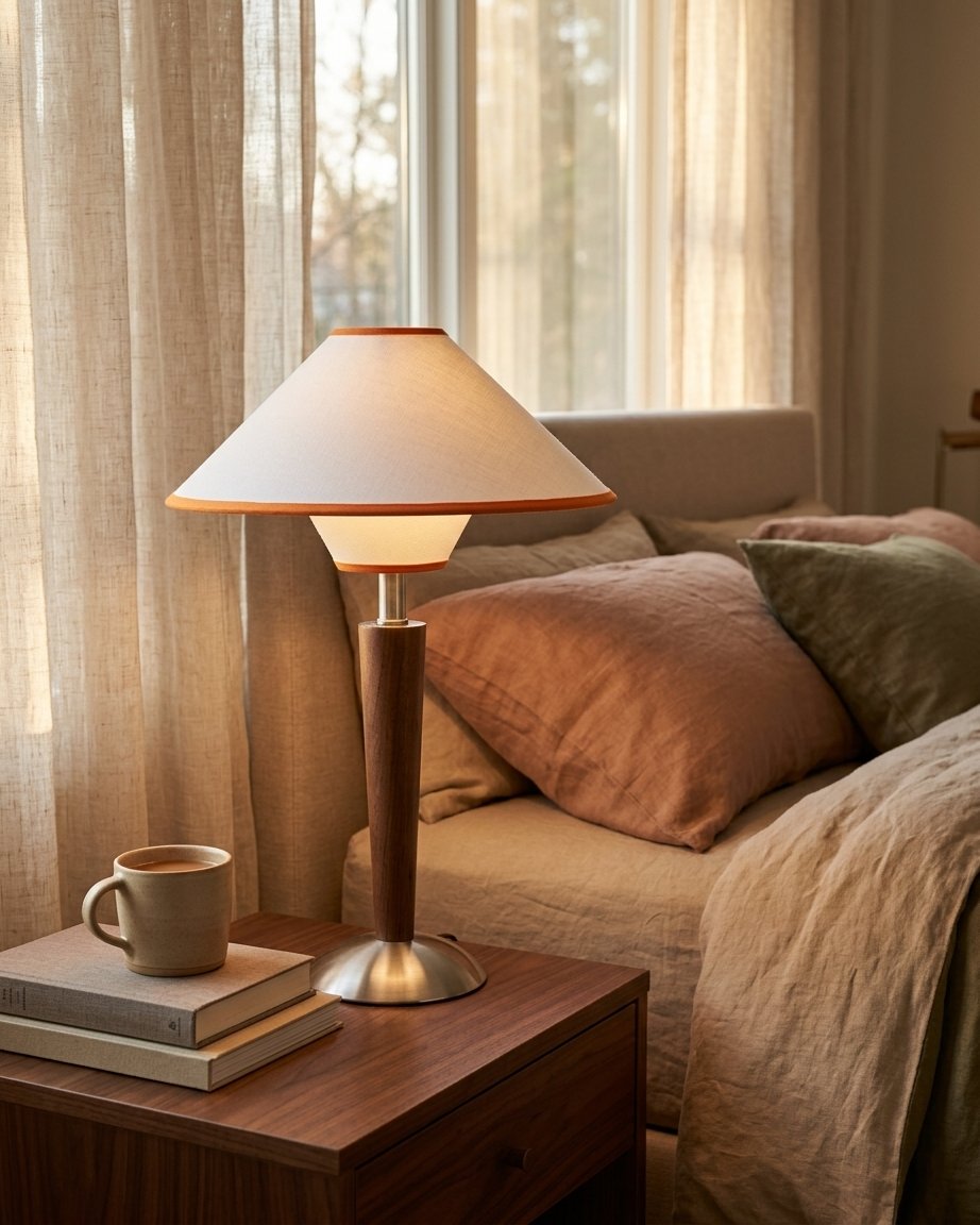 Mid-Century Conical Table Lamp with Fabric Shade and Wooden Stem