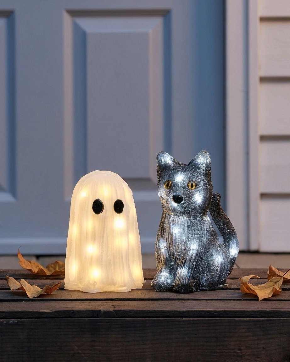 Mini Ghost and Black Cat LED Halloween Figures – Set of Two