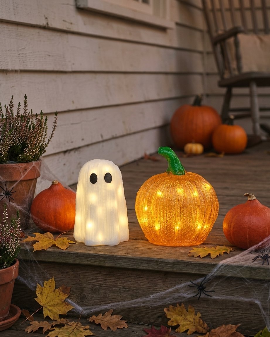 Mini Ghost and Pumpkin Light-Up Halloween Decorations with Warm White LEDs – Set of 2