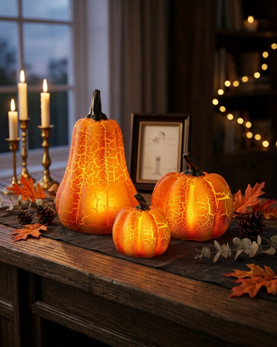 Miniature LED Pumpkin Lanterns with Crackle Finish and Warm Glow – Battery Operated