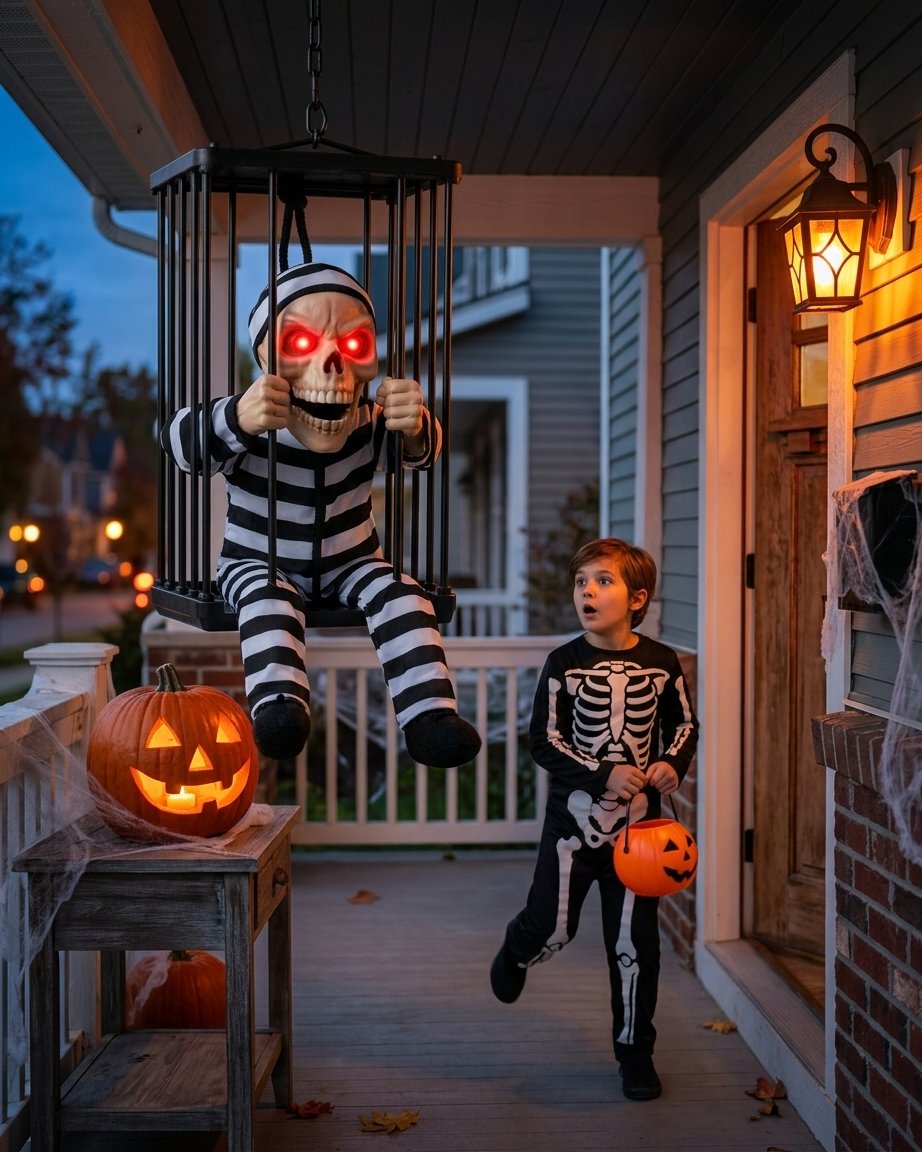 Motion-Activated Skeleton in Hanging Cage Halloween Decoration with Glowing Red Eyes and Scream Sound Effect