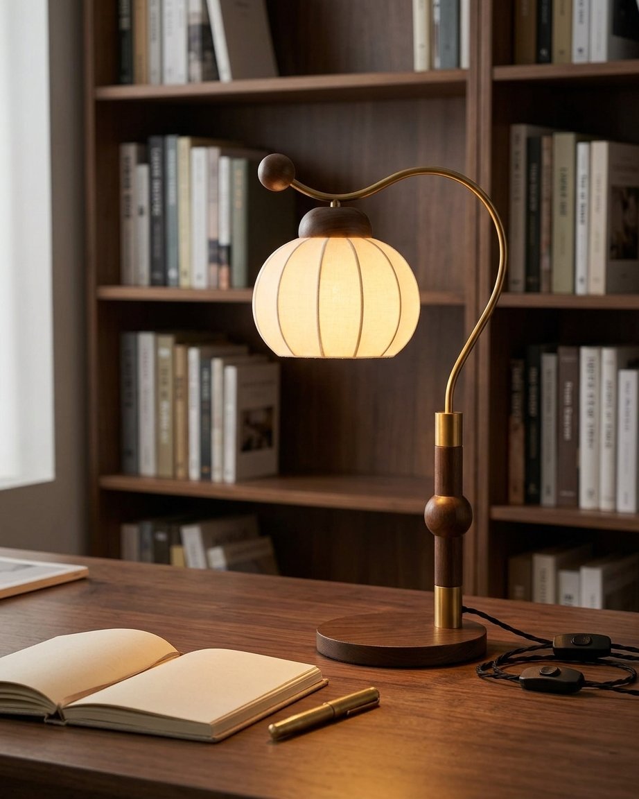 Nanyang Sculptural Table Lamp with Walnut Base, Curved Brass Arm and Ribbed Fabric Shade