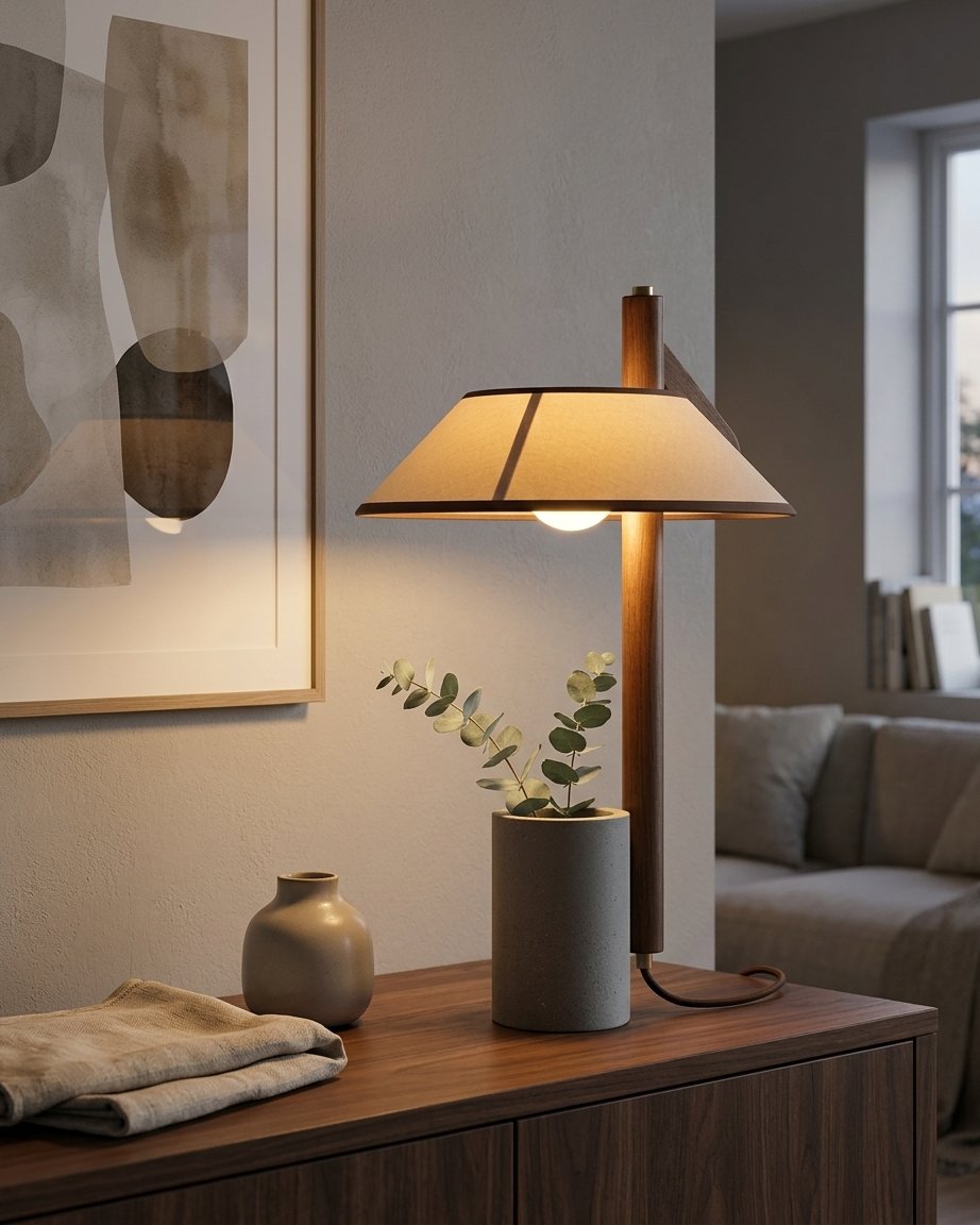 Nordic Drum Planter Table Lamp with Linen Shade and Concrete Base
