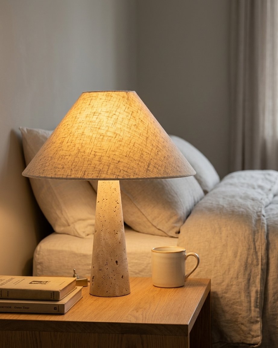 Nordic Travertine Cone Base Table Lamp with Linen Shade