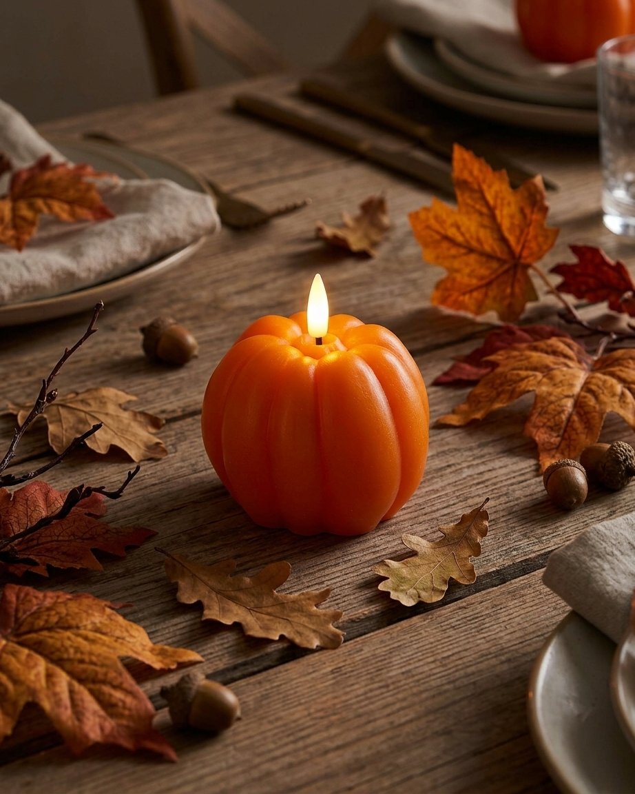 Orange Pumpkin LED Candle Trio with Flickering Flame Effect – Set of 3