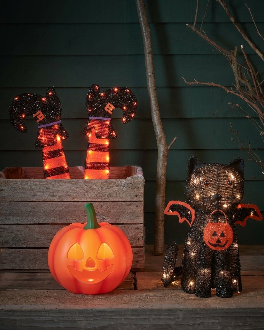 Outdoor Halloween Decoration Bundle – Light-Up Jack-o'-Lantern, Witch Leg Stake Lights and Black Cat