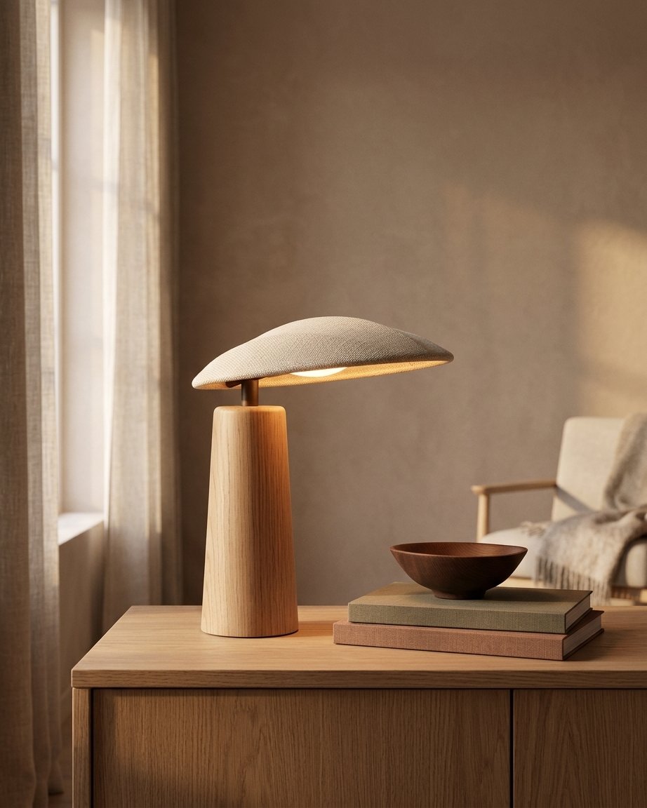 Oval Wabi-Sabi Table Lamp with Solid Wood Base and Fabric Shade