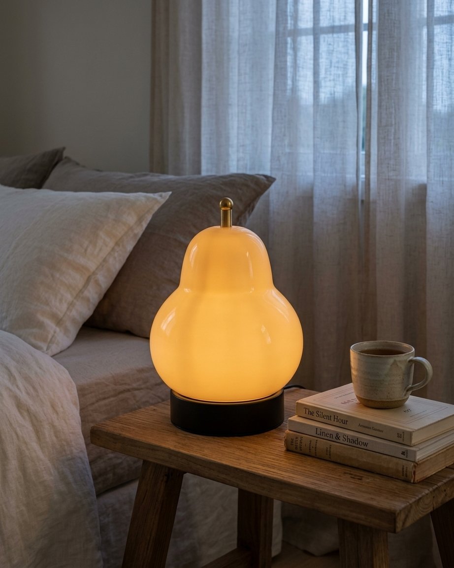 Pear-shaped glass table lamp with warm ambient glow