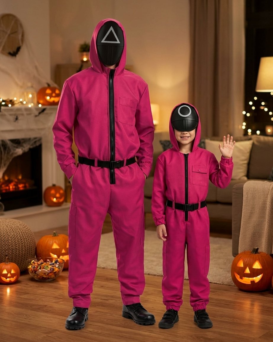 Pink Hooded Jumpsuit Costume with Belt and Geometric Mask – Adult and Children's Sizes