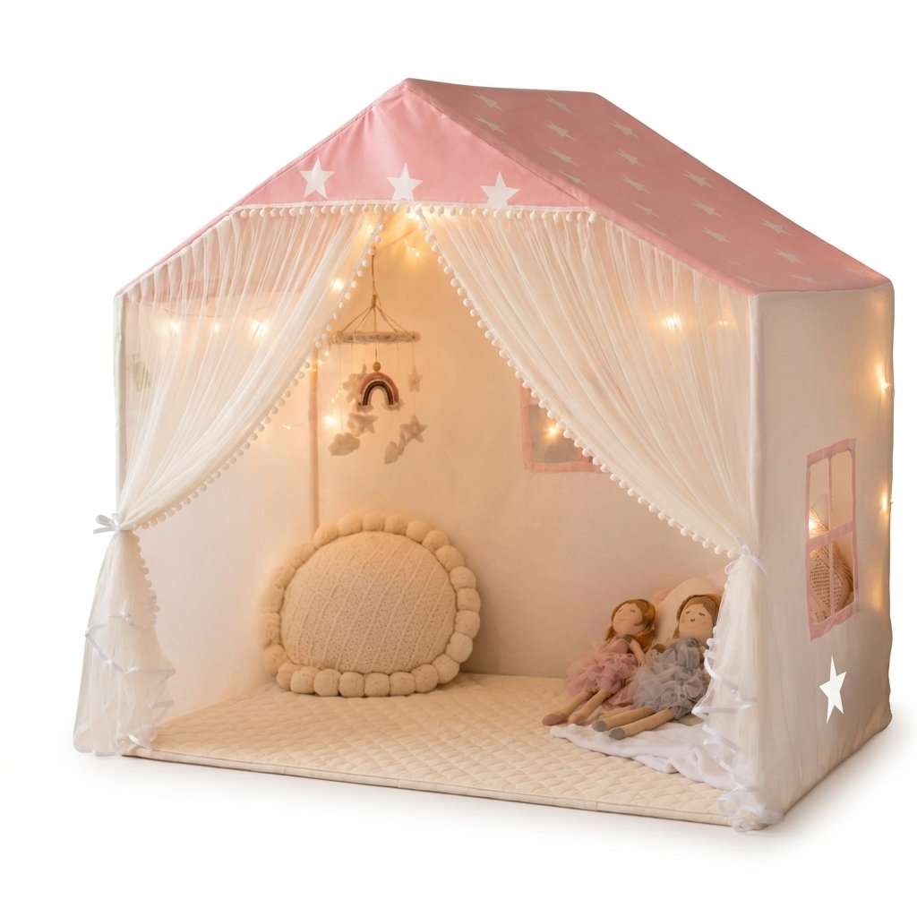 Pink Star Kids Play Tent with Mat & Lights