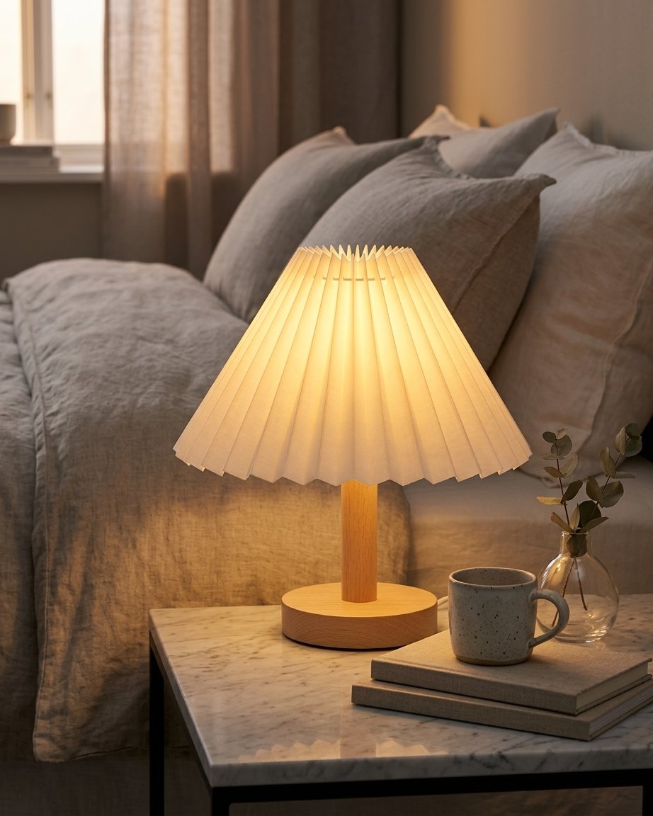 Pleated Fabric Table Lamp with Wijzig de titel naar: "Pleated Fabric Table Lamp with Wood-Effect Base – Nordic Japandi Style" – Nordic Japandi Style