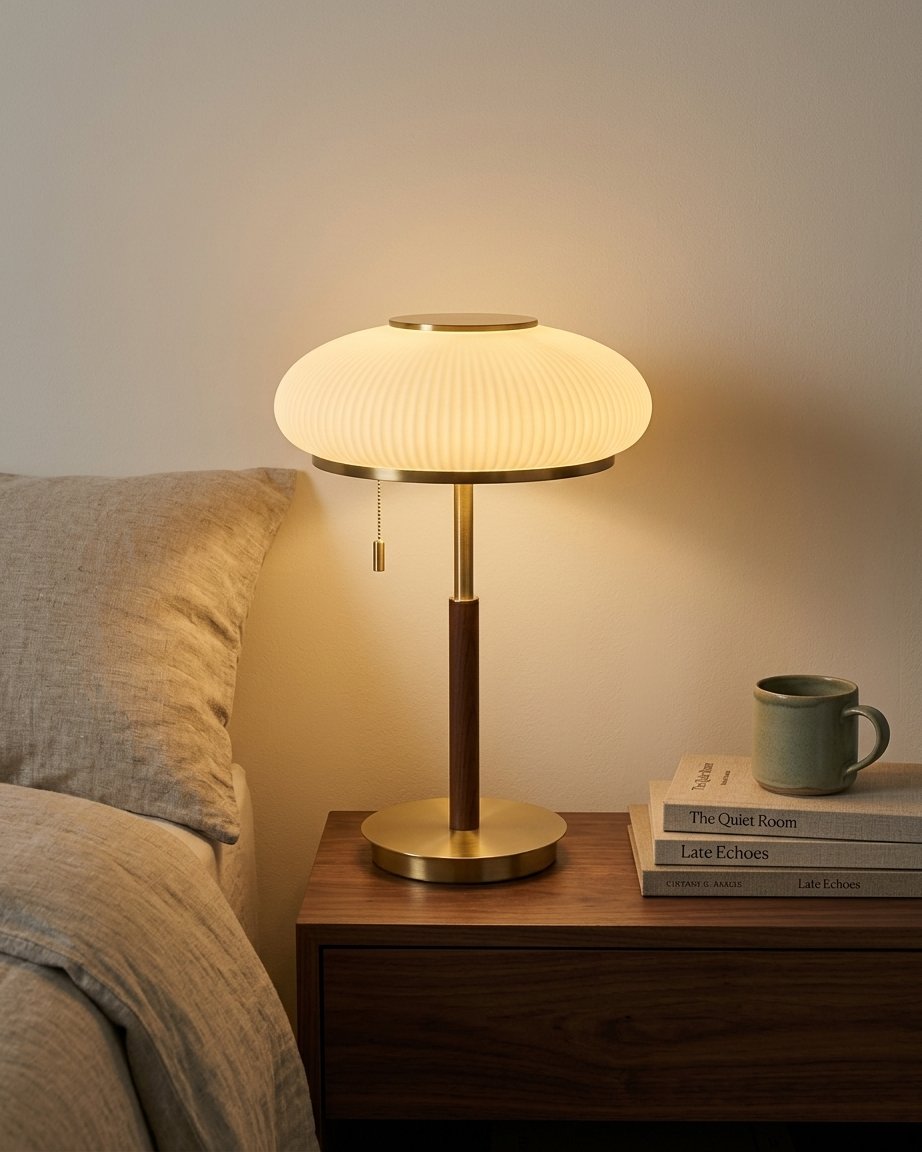Pleated Saucer Table Lamp with Frosted Glass Shade and Walnut Stem