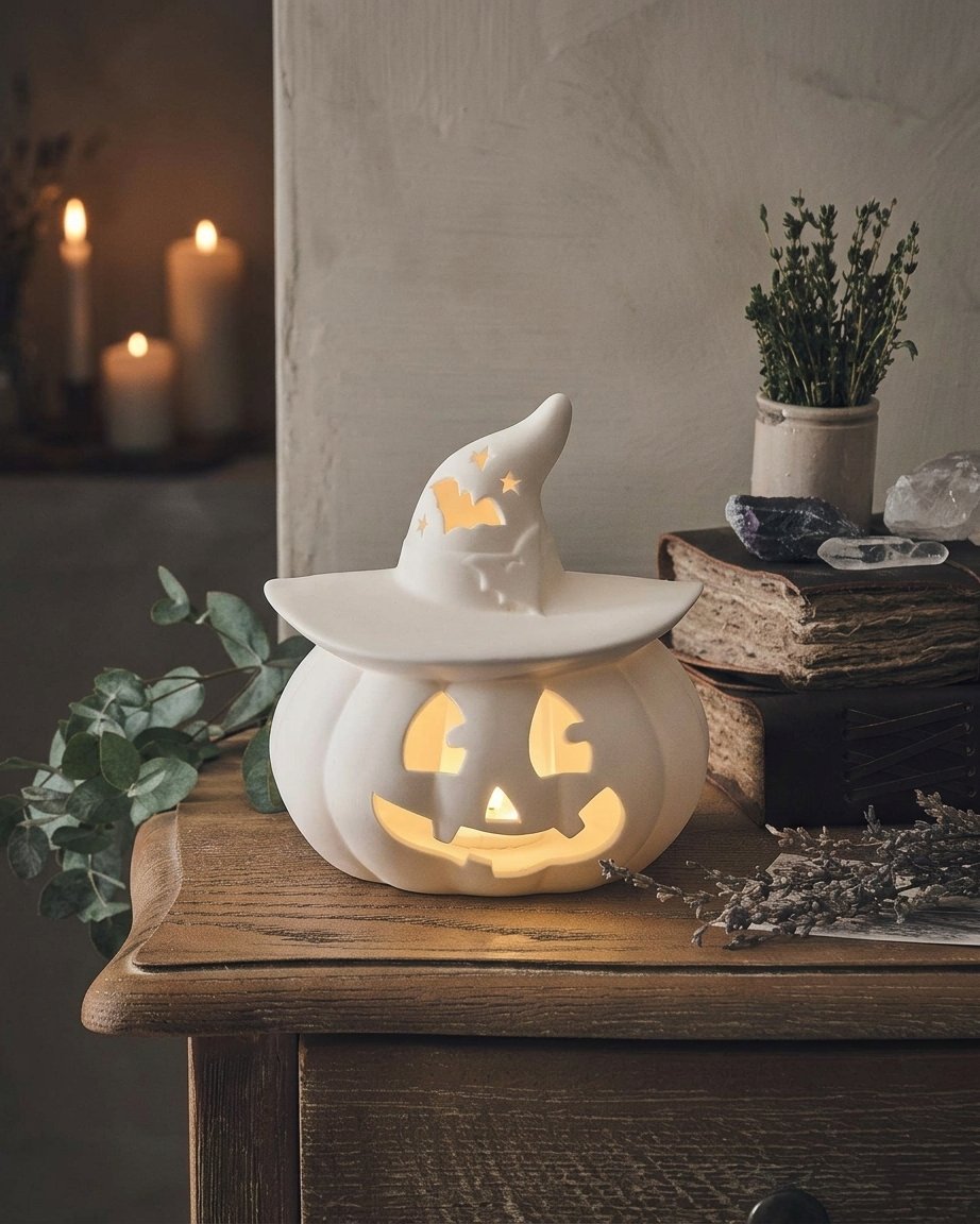 Porcelain LED Pumpkin Witch Lantern with 6-Hour Timer