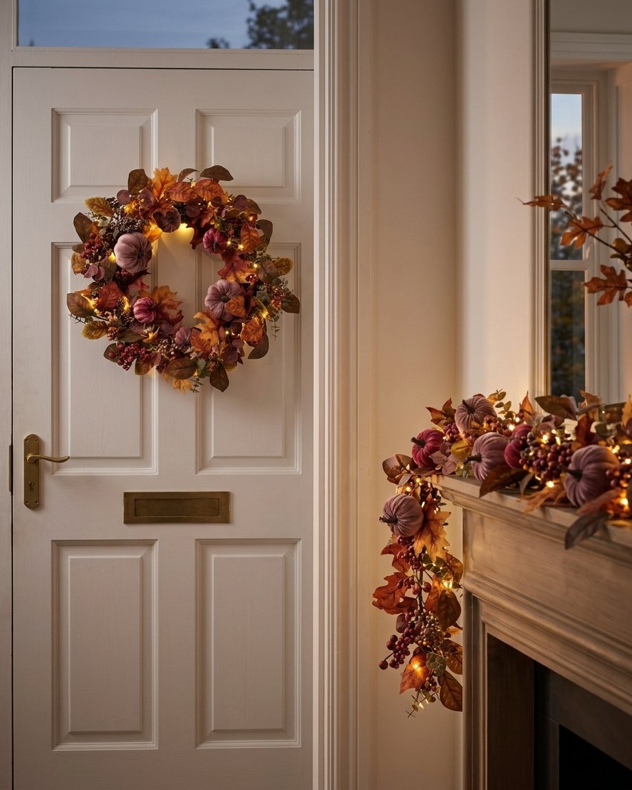 Pre-Lit Luxury Velvet Pumpkin Meadow Wreath and Garland Set with LED Lights