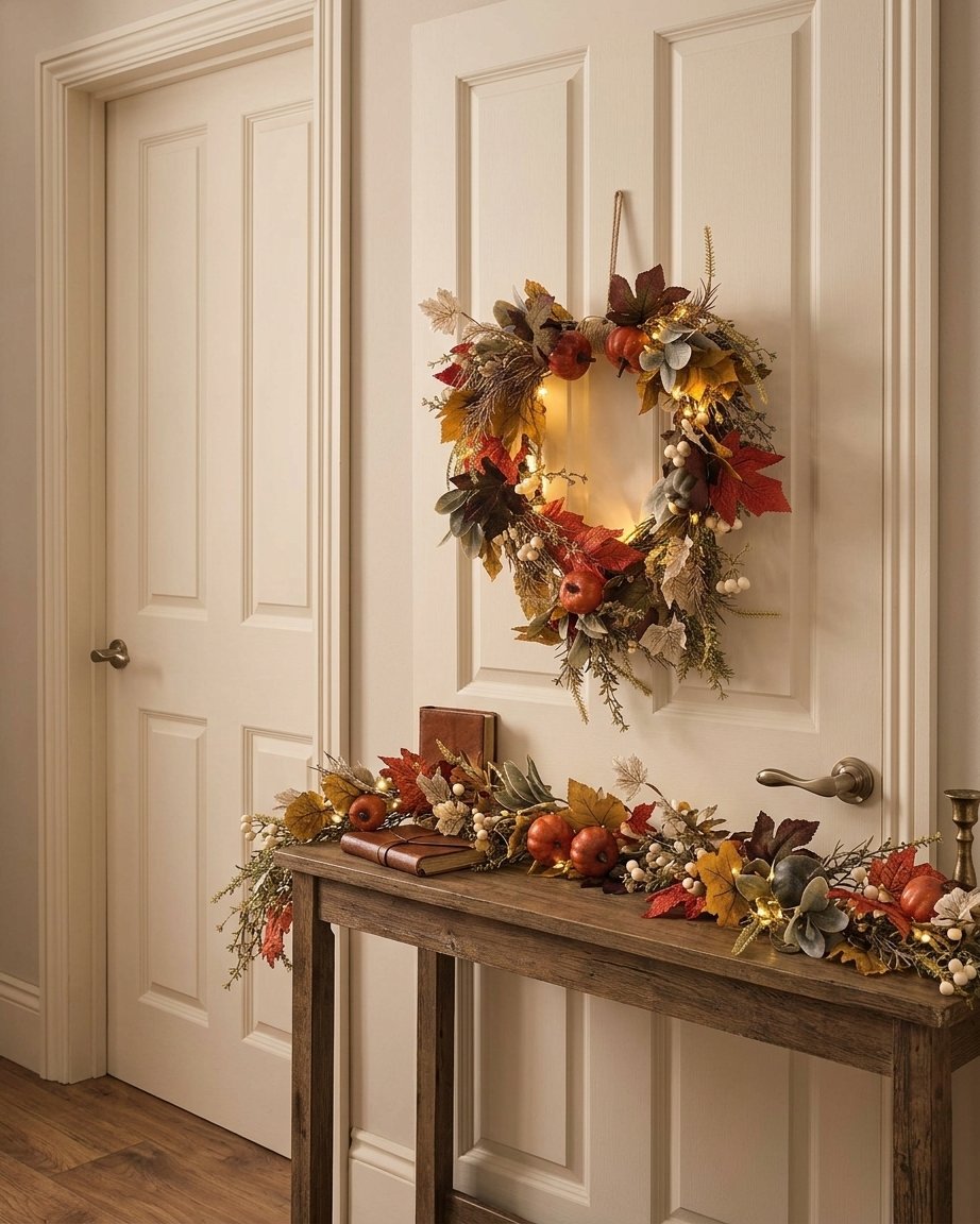 Pre-Lit Pumpkin Lane Autumn Wreath and Garland with LED Lights
