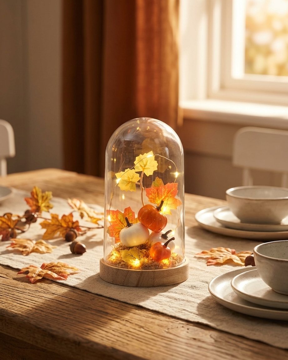 Pumpkin Patch Autumn Glass Dome with LED Fairy Lights and Wooden Base