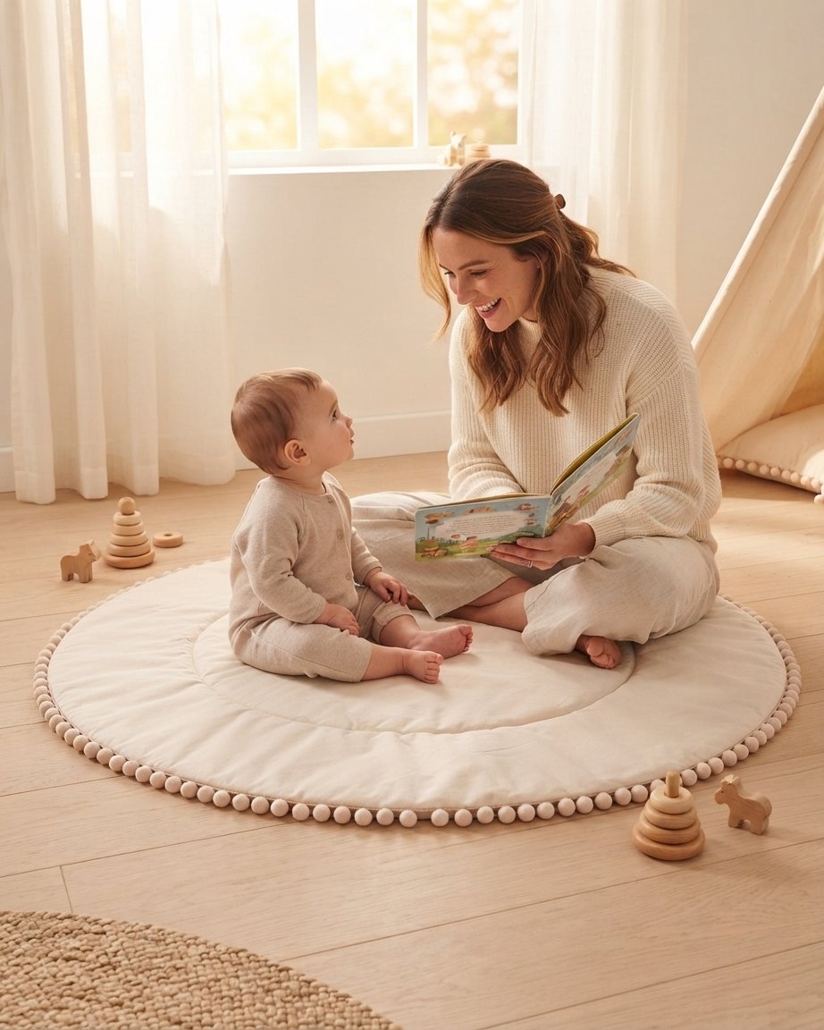 Quilted Round Baby Play Mat with Pom-Pom Trim