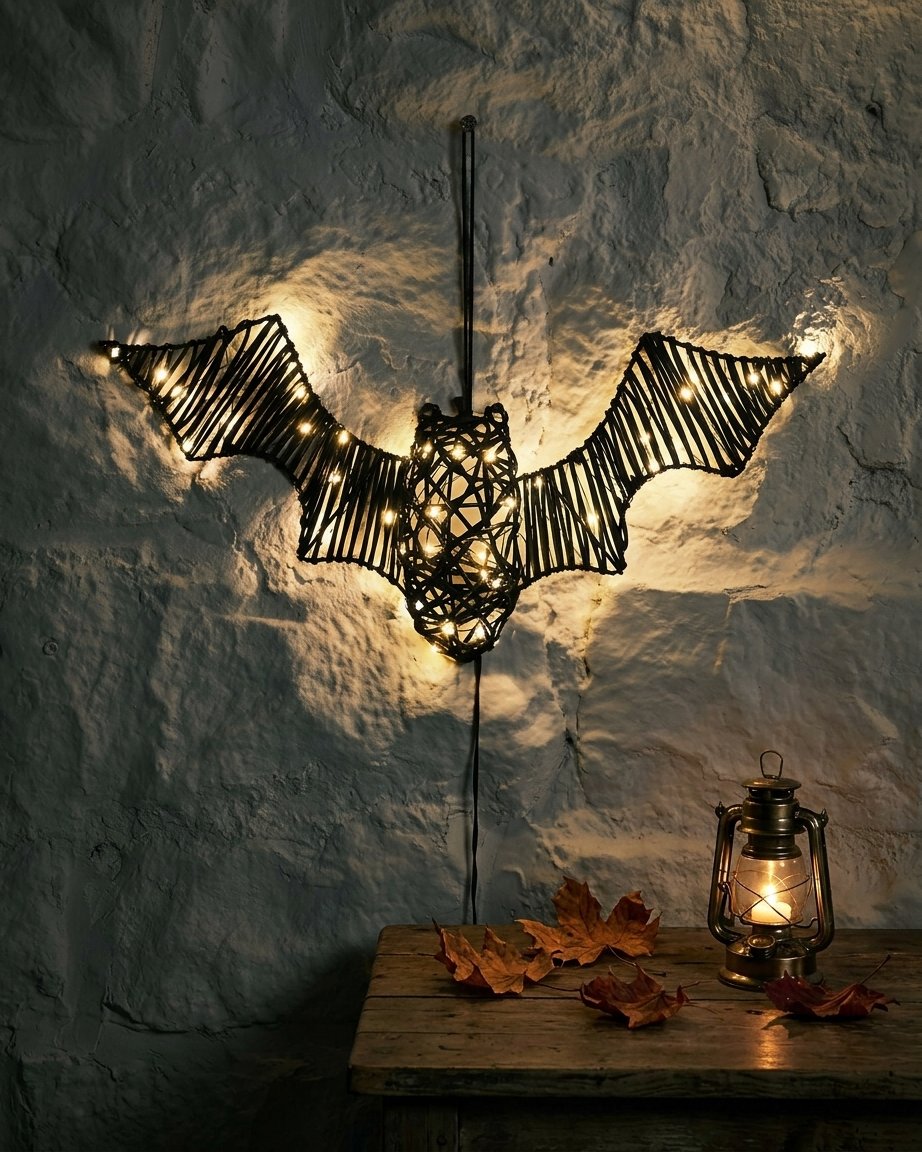 Rattan Black Bat Light-Up Halloween Figure with Warm White LEDs
