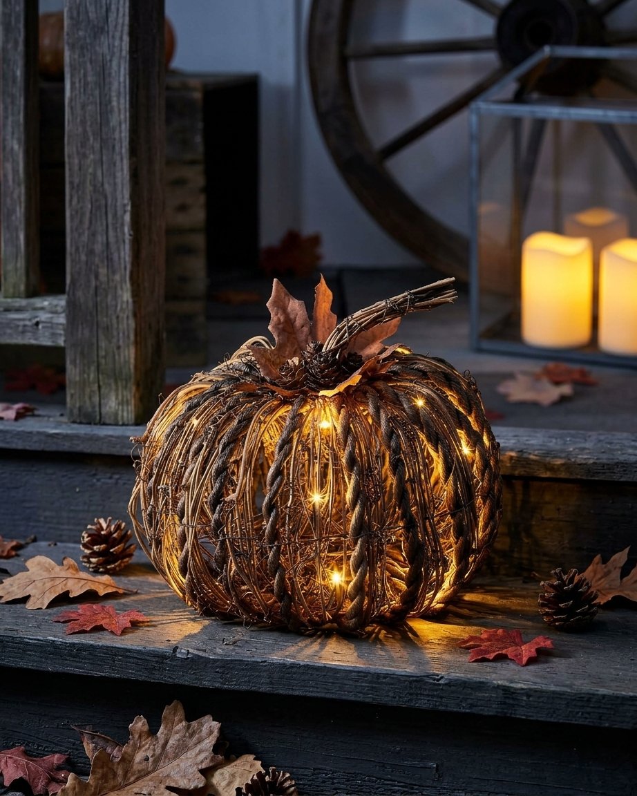 Rattan LED Light-Up Pumpkin with Autumn Leaf Detail
