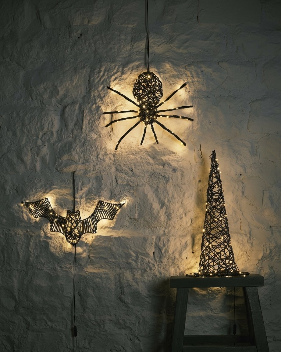 Rattan Spider, Bat and Witches' Hat LED Halloween Decoration Set with Warm White Lights
