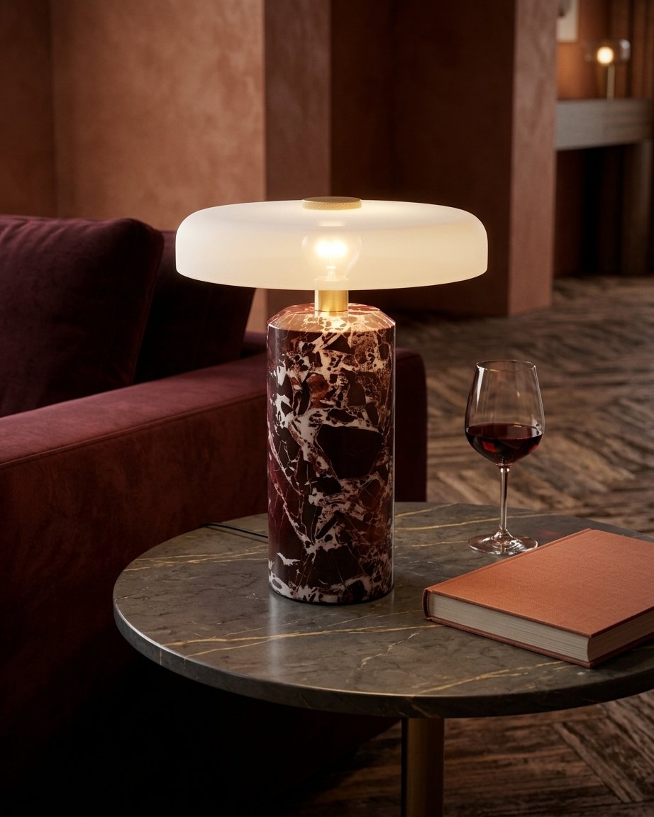 Rechargeable marble table lamp with frosted glass shade and brass detail