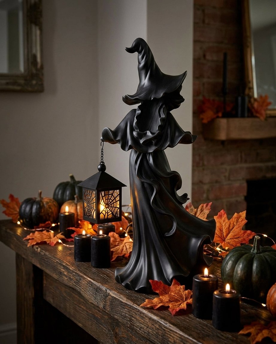 Resin Witch Figurine with Spider Web Lantern – Halloween Home Decoration