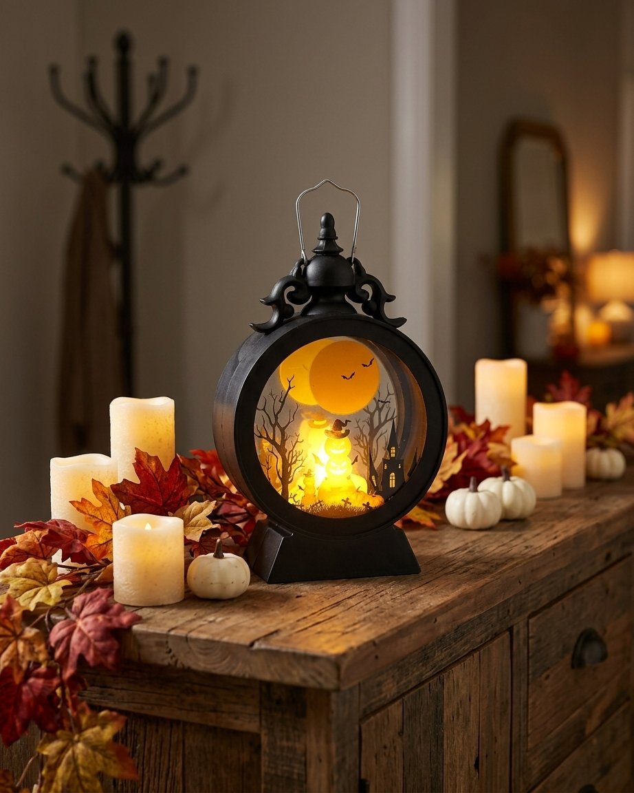 Retro Halloween Lantern with Warm LED Glow and Cut-Out Scene