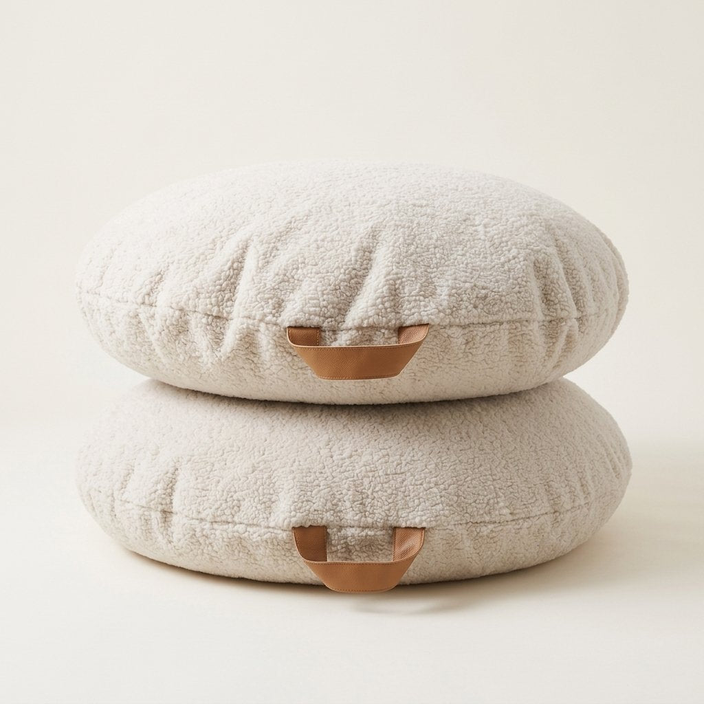 Round Teddy Bouclé Floor Cushions, Set of 2