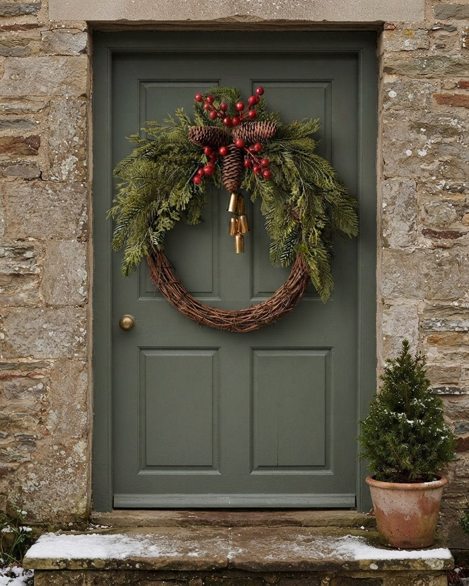 Rustic Christmas Wreath with Golden Bells