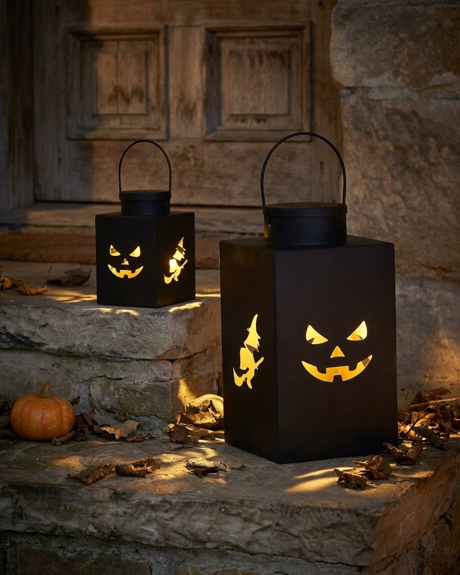 Set of 2 Black Metal Halloween Lanterns with Jack-o'-Lantern and Witch Cut-Outs