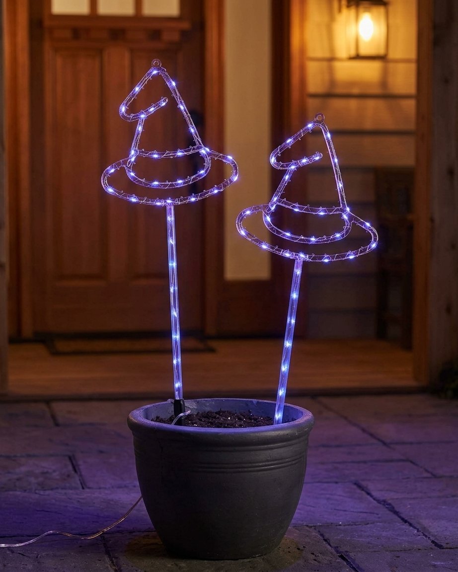 Set of 2 LED Witch Hat Halloween Garden Stake Lights with Timer