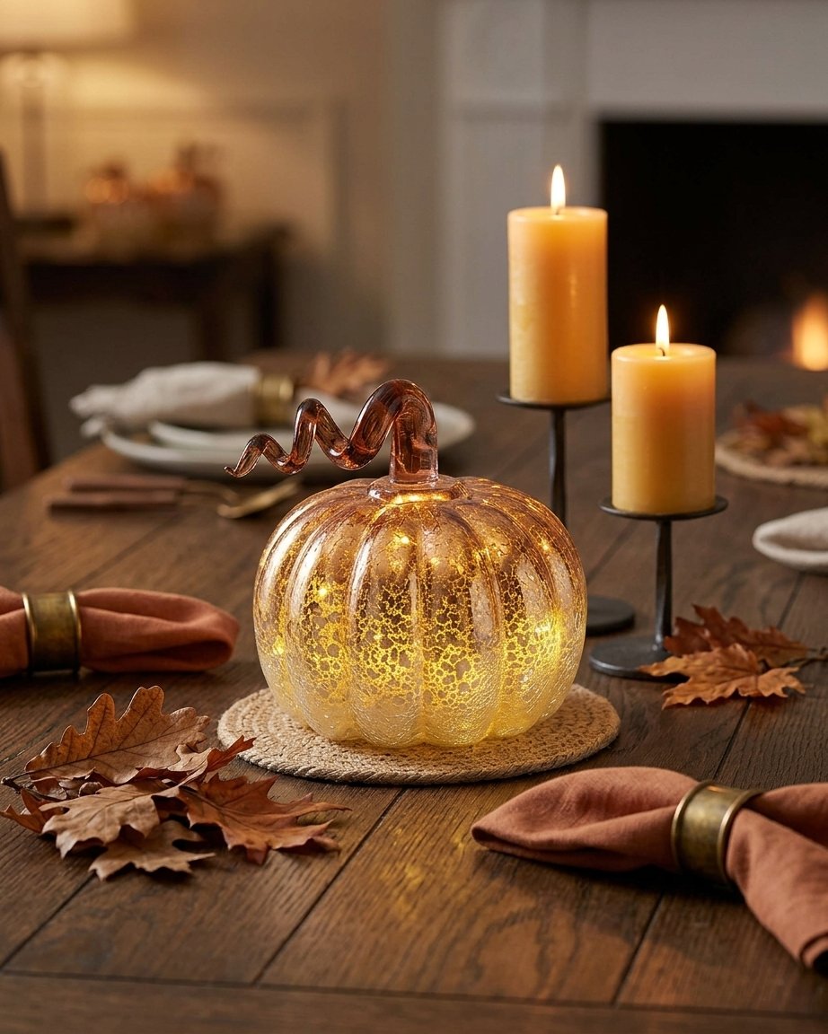 Set of 2 Ombré Mercury Glass LED Pumpkin Decorations with Timer