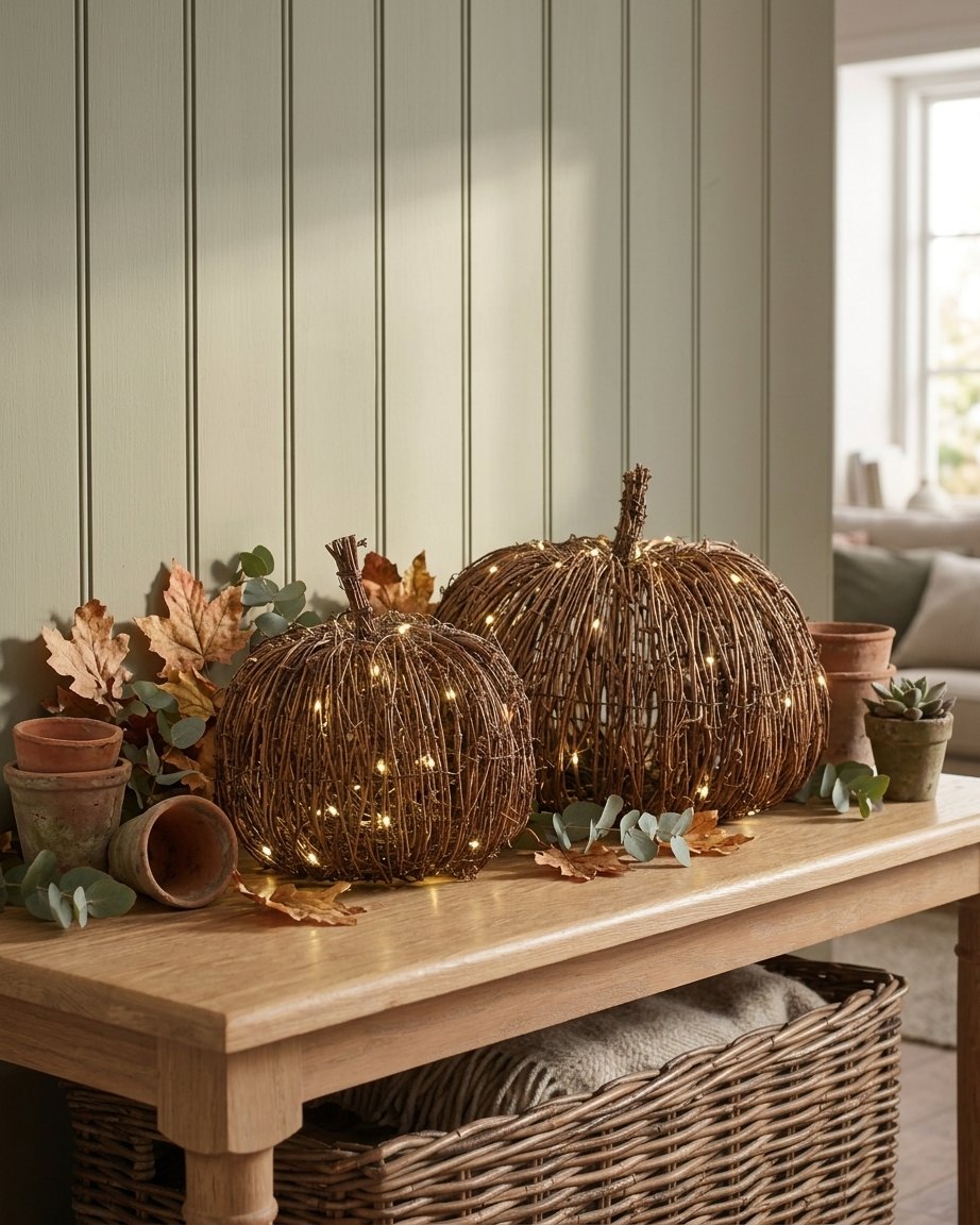 Set of 2 Rattan-Effect LED Light-Up Pumpkins with Timer