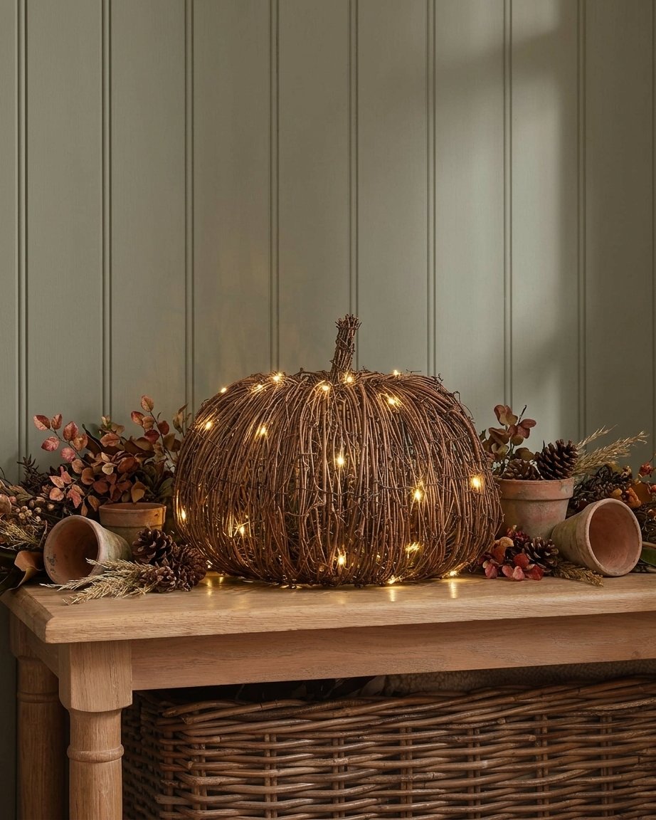 Set of 2 Rattan Light-Up Pumpkins with Warm White LED Lights