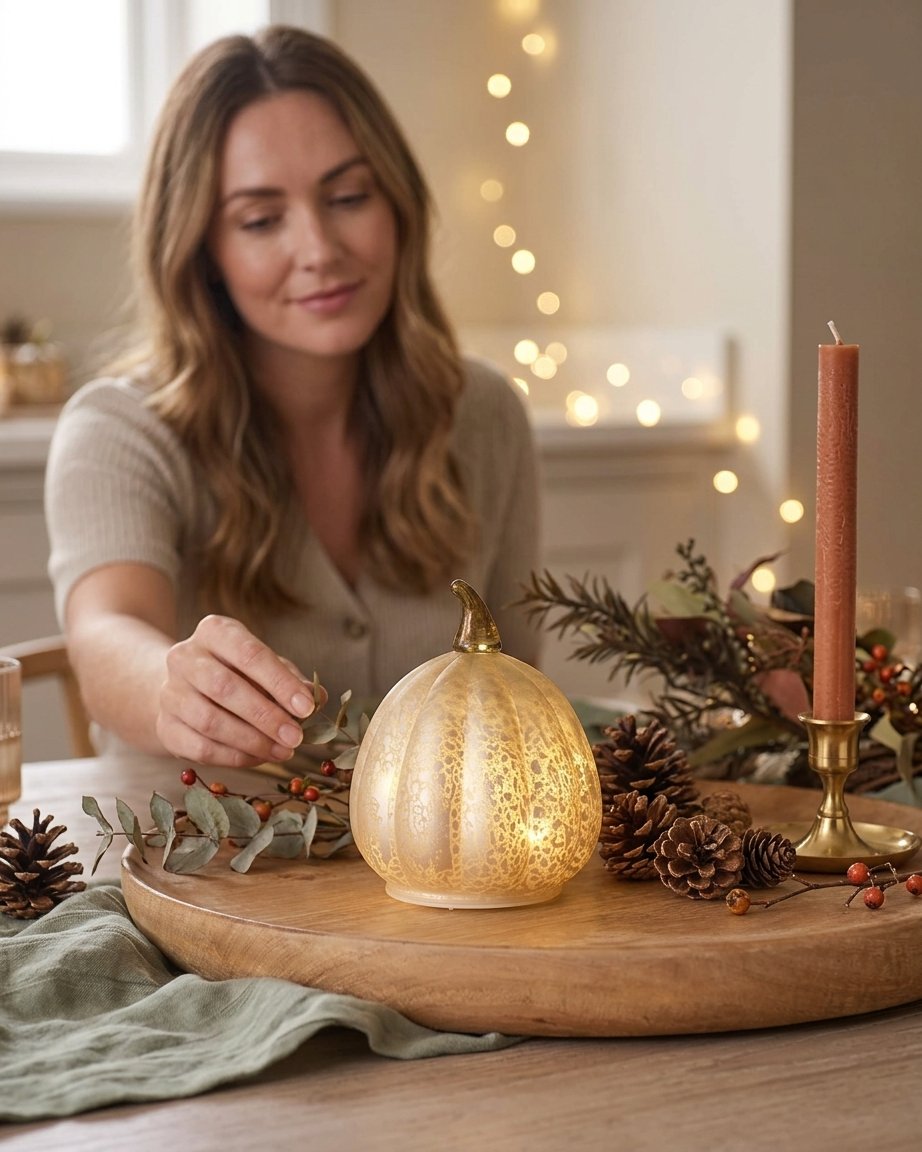 Set of 3 Autumnal Glass Light-Up Pumpkins with Warm White LEDs
