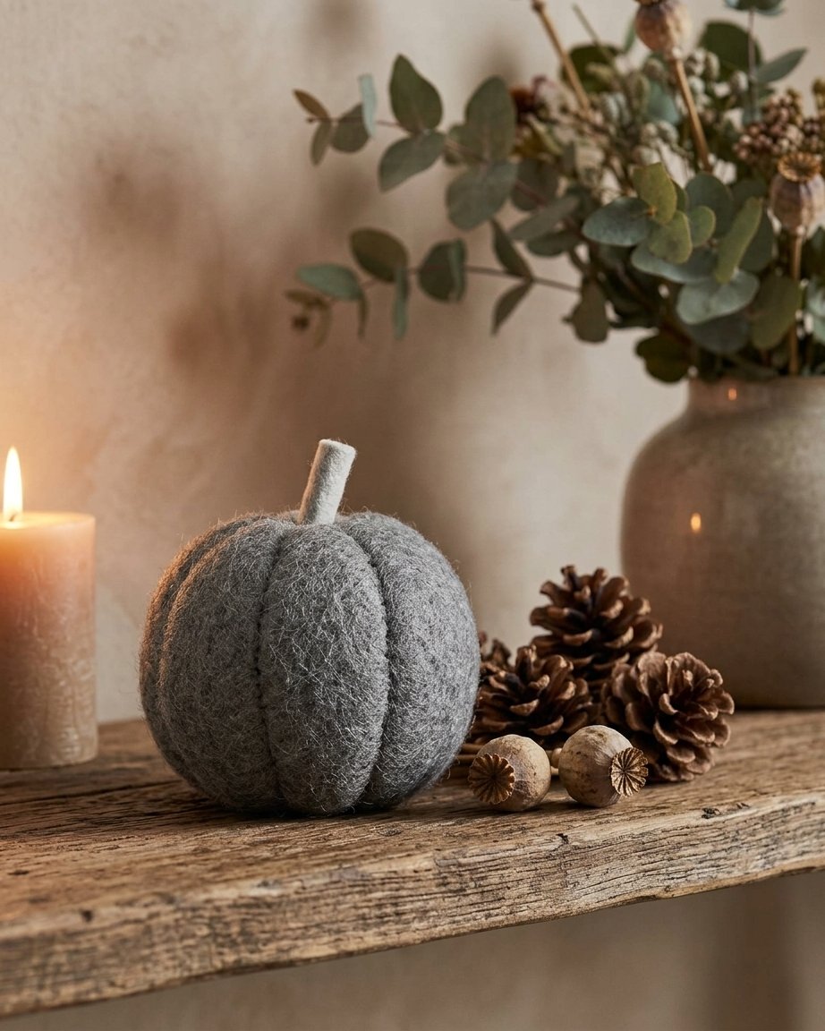 Set of 3 Handmade Felt Pumpkin Autumn Decorations in Grey and Cream