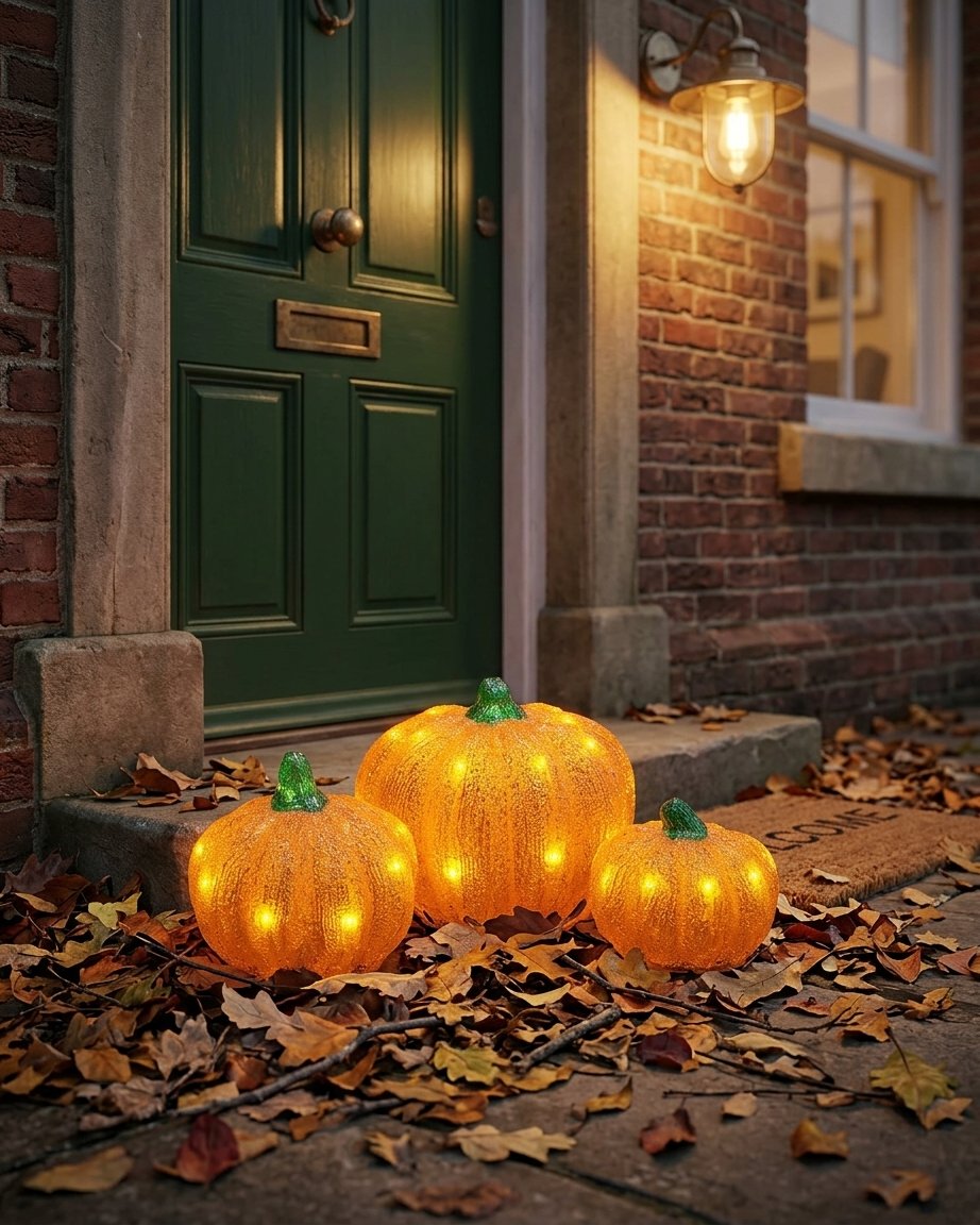Set of 3 LED Light-Up Pumpkin Figures for Outdoor Halloween Decoration