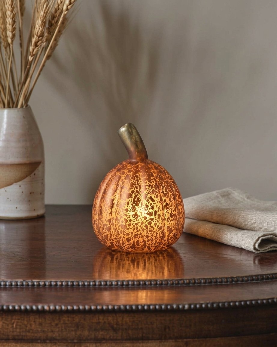 Set of 4 Mini Glass Light-Up Pumpkin Decorations with Warm White LED