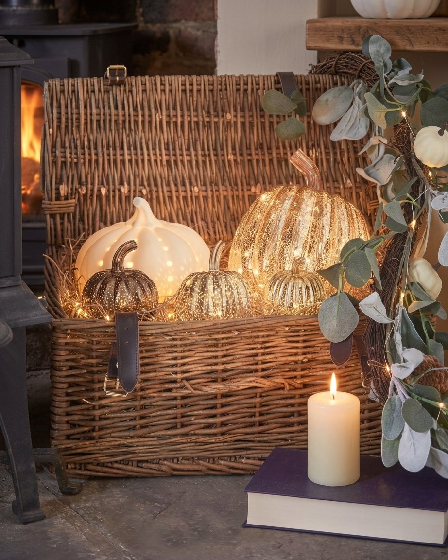 Set of 5 Light-Up Pumpkin Decorations – Ceramic, Mercury Gold and Brass Mottled
