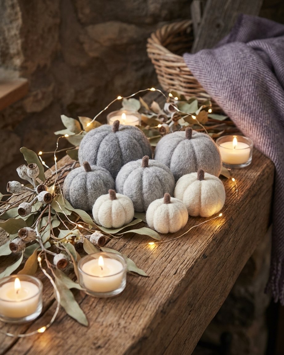 Set of 6 Handmade Felt Pumpkin Autumn Decorations in Neutral Grey and Cream
