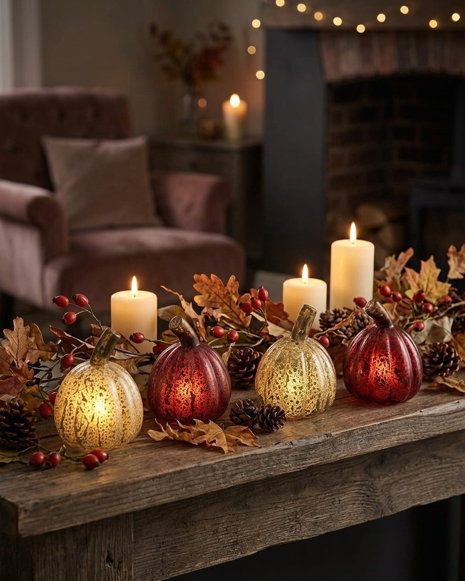 Set of 8 Miniature Light-Up Glass Pumpkin Decorations with Warm White LED