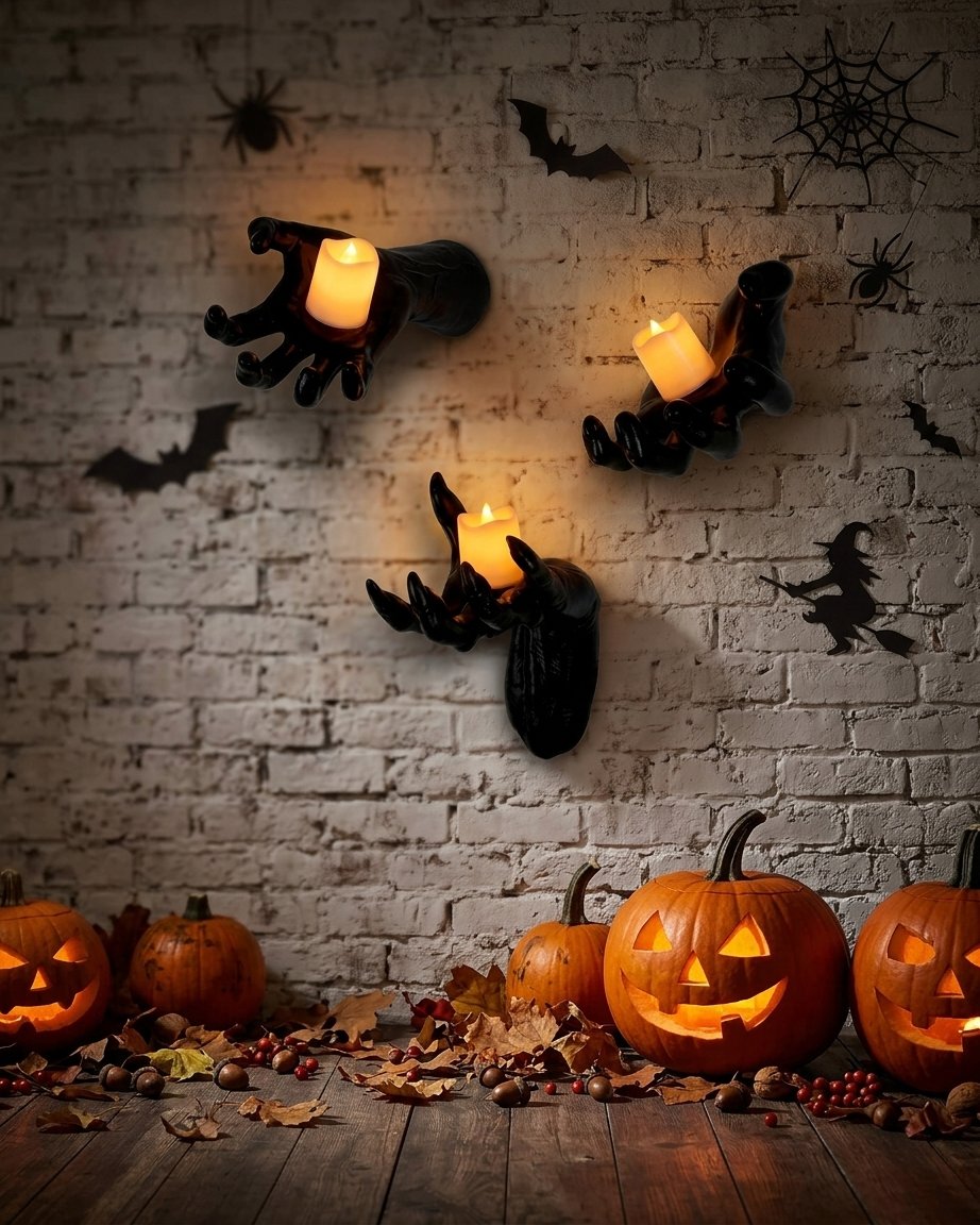 Set of Three Wall-Mounted Monster Hand Candle Holders with Warm LED Candles