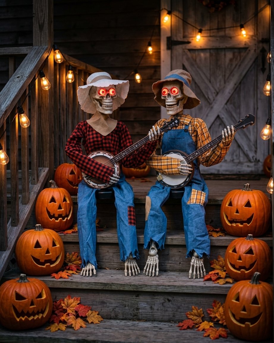 Sitting Banjo-Playing Skeleton Halloween Decoration with LED Glowing Eyes and Interactive Movement